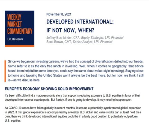 Developed International: If not now, when? | Weekly Market Commentary | November 8, 2021